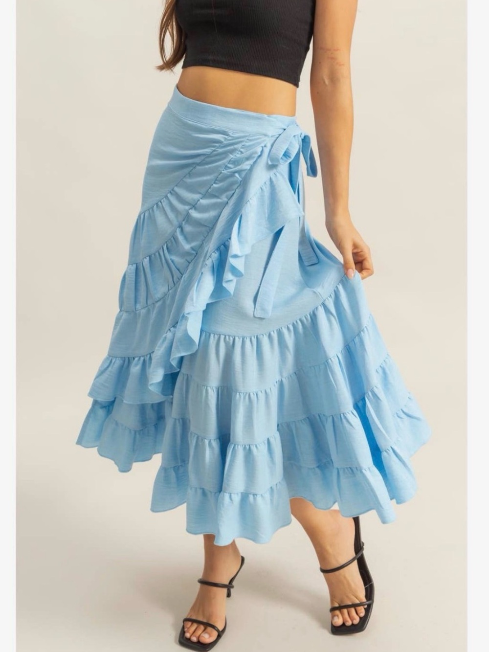 Light Blue Tiered Ruffle Maxi Skirt Wrap Medium NWT